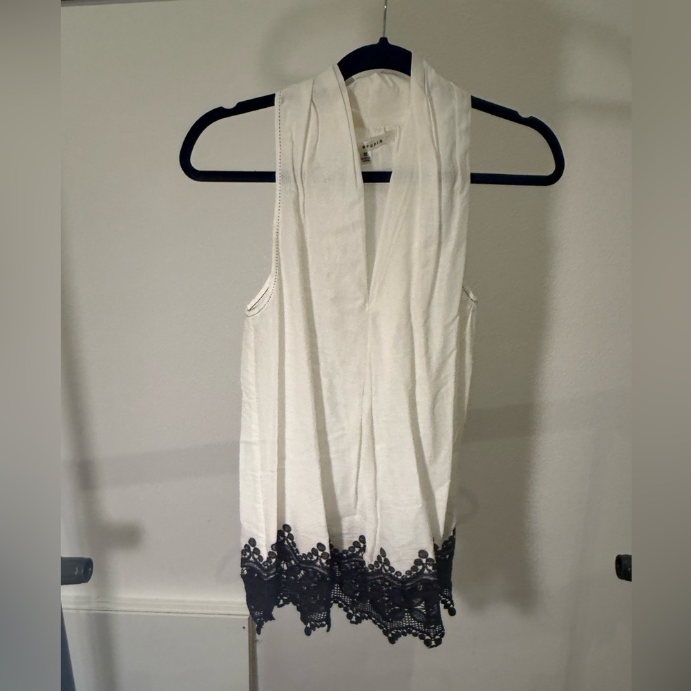 Max Studio White Tank Top with Black Lace Trim